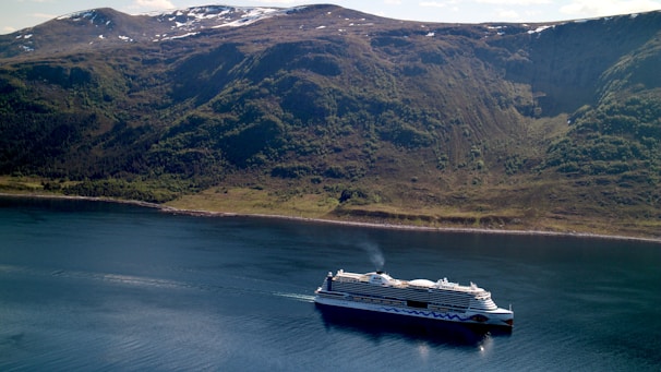 A large cruise ship sailing in a calm, blue body of water with mountainous terrain covered in greenery and patches of snow in the background.