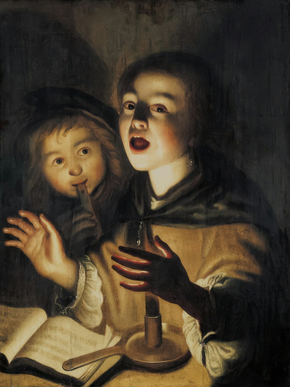 a painting of two children with a book