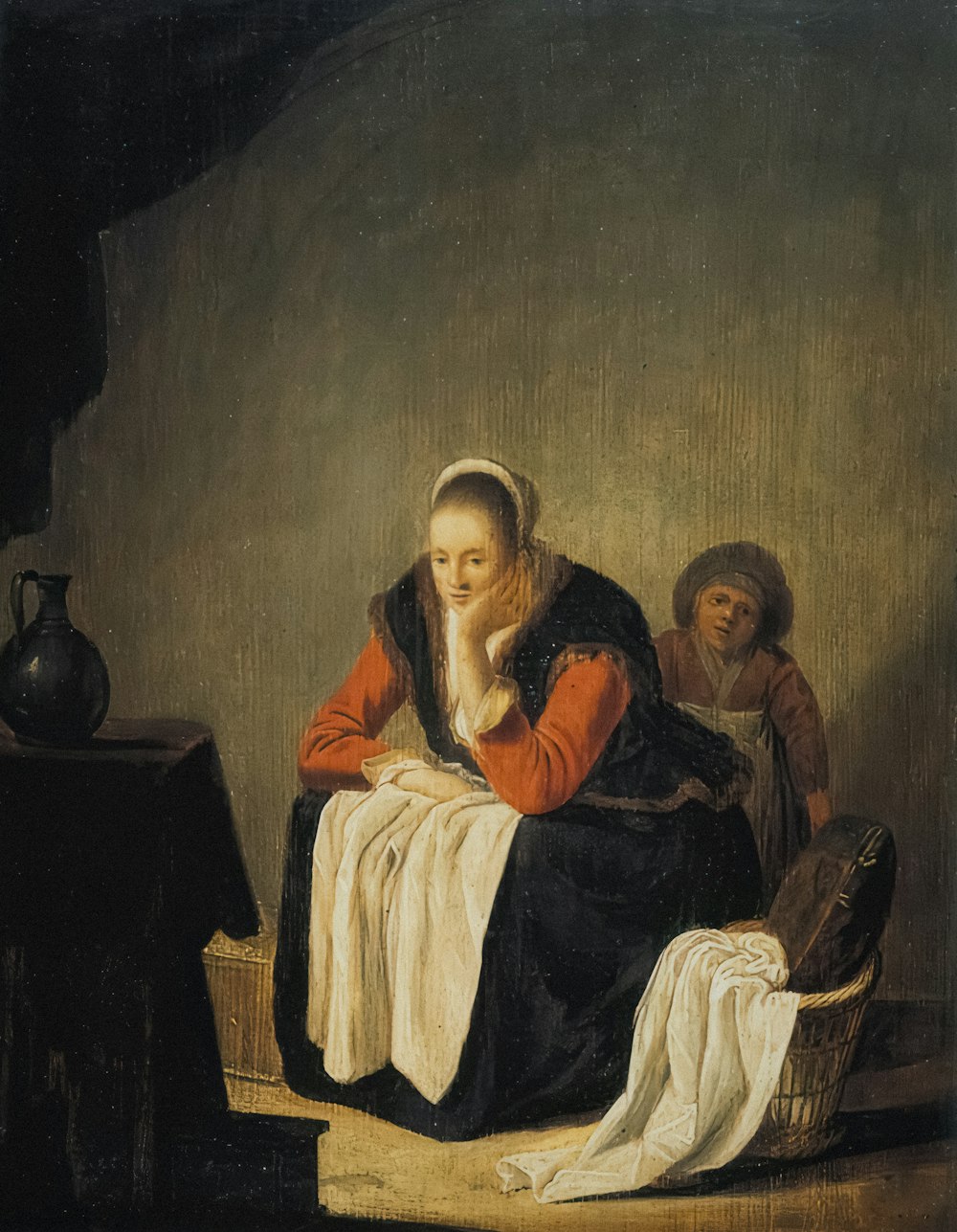 uma pintura de uma mulher sentada em um chão ao lado de uma criança