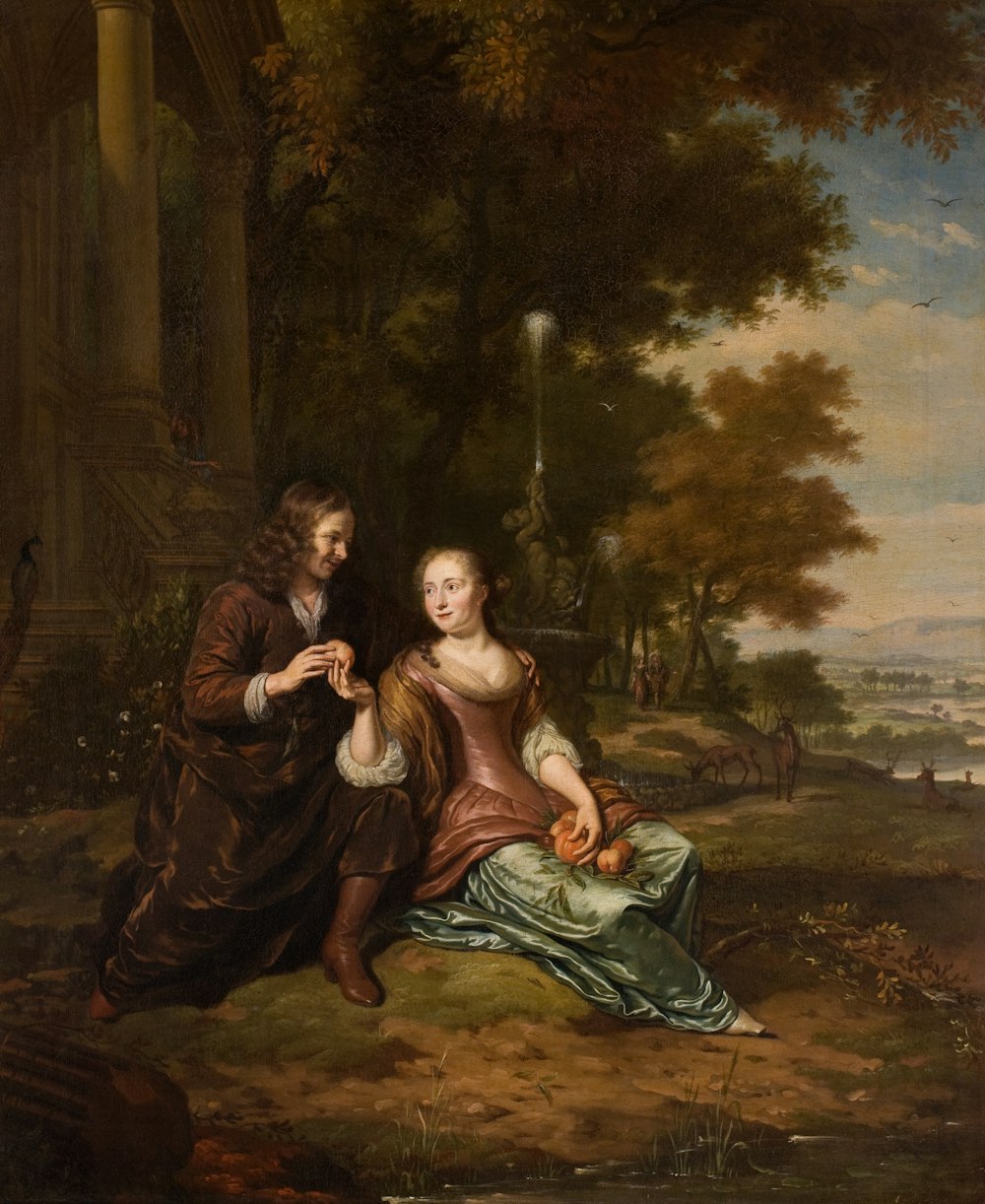 uma pintura de um homem e uma mulher em uma área arborizada