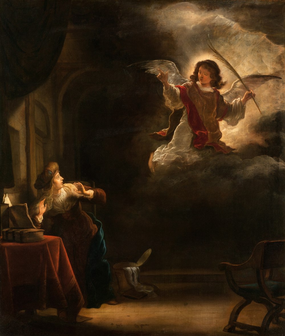 uma pintura de um anjo segurando uma espada