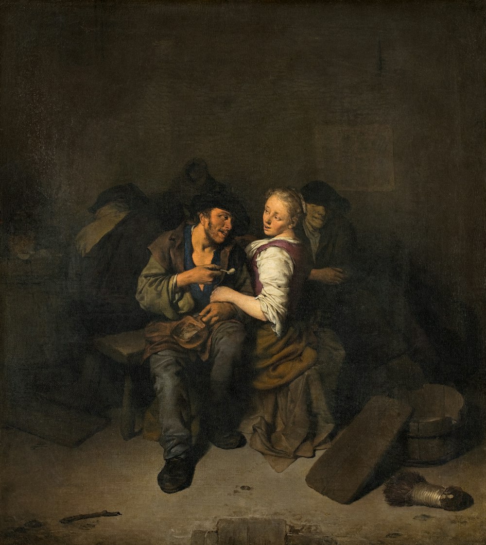 uma pintura de um homem segurando uma criança