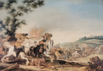 A battle scene featuring soldiers on horseback engaged in combat. The central focus is on two horsemen, with one aiming a pistol at the other. The background includes smoke and soldiers in action, amidst a landscape of rolling hills and sparse trees.