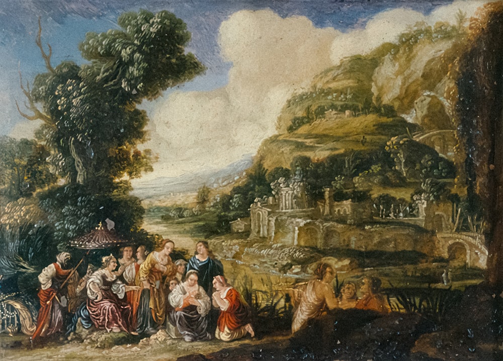 a painting of a group of people in a landscape