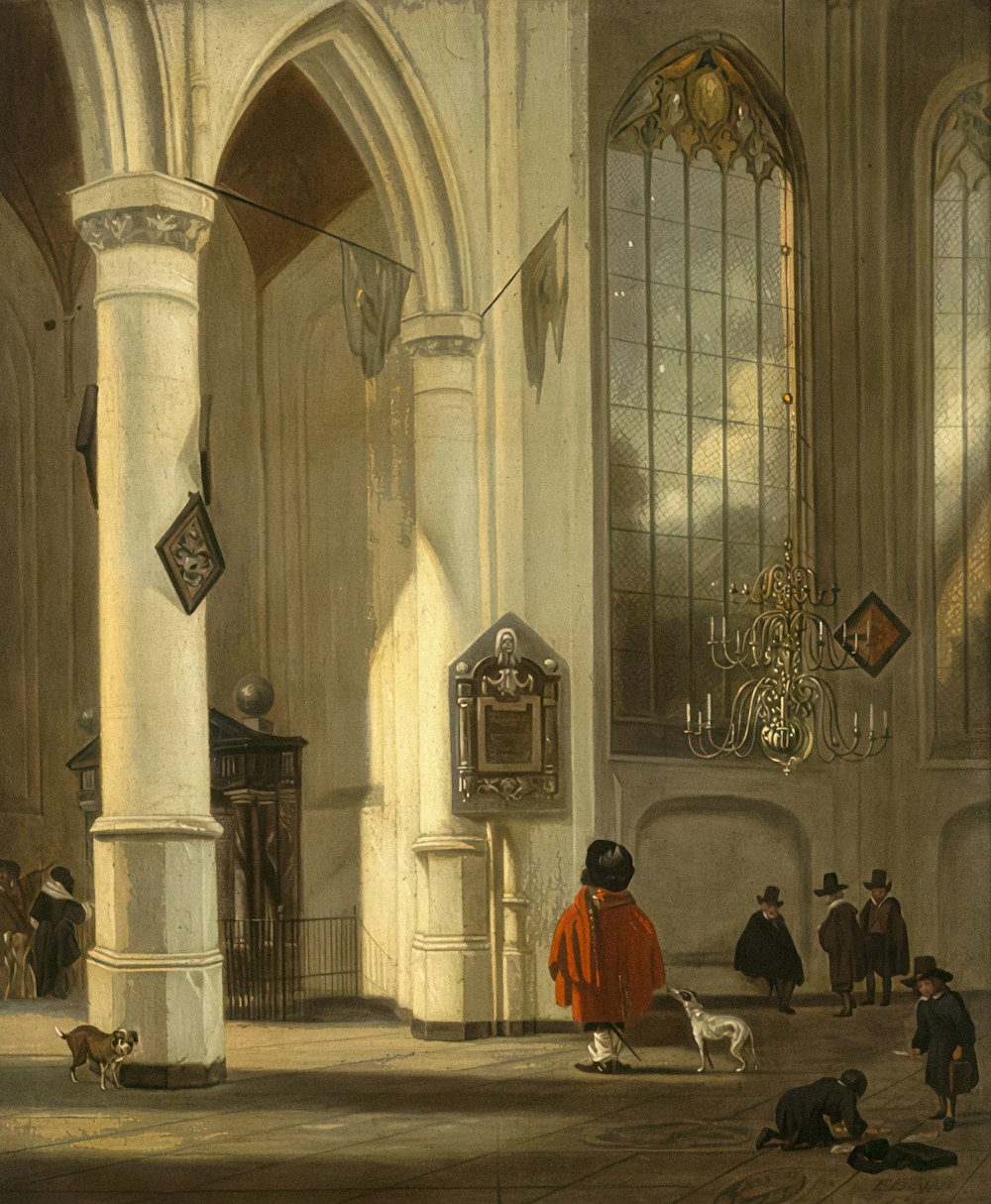 uma pintura de pessoas em uma igreja com um cão
