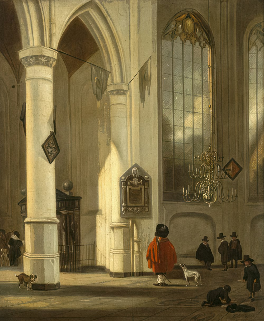 a painting of people in a church with a dog