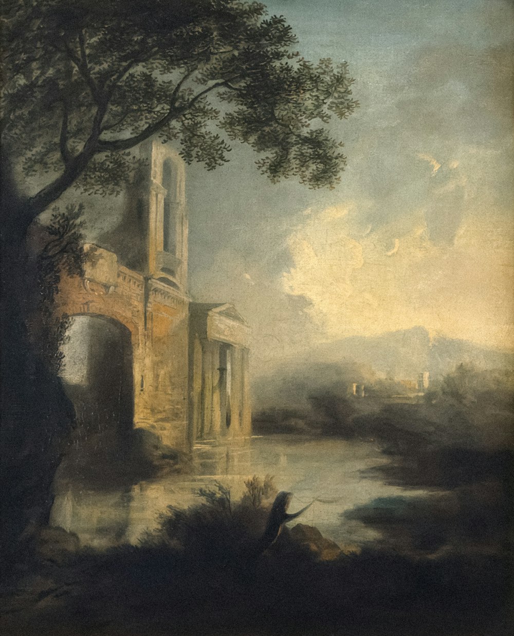 a painting of a river with a building in the background