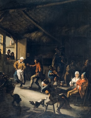 Inside a dimly lit rustic tavern, several people gather, showcasing a lively scene. The foreground highlights two figures engaged in a spirited dance, accompanied by a fiddler. Seated at a table to the right, individuals watch the performance and socialize, dressed in traditional attire. Animals, including a cat and a dog, add to the lively atmosphere. The wooden interior and thatched roof evoke a sense of a historical setting.