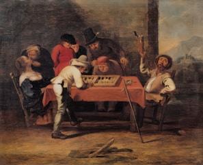 A group of seven people are gathered around a table with an orange tablecloth, intensely observing and playing a board game. One person in a white outfit appears to be making a move, while others watch with interest. One man seated to the right is holding up a mug, seemingly in a celebratory or triumphant gesture. There are various expressions of concentration and engagement among the players. The background includes rustic and earthy tones, suggesting an indoor setting with a large support beam and a scenic view of mountains in the distance.