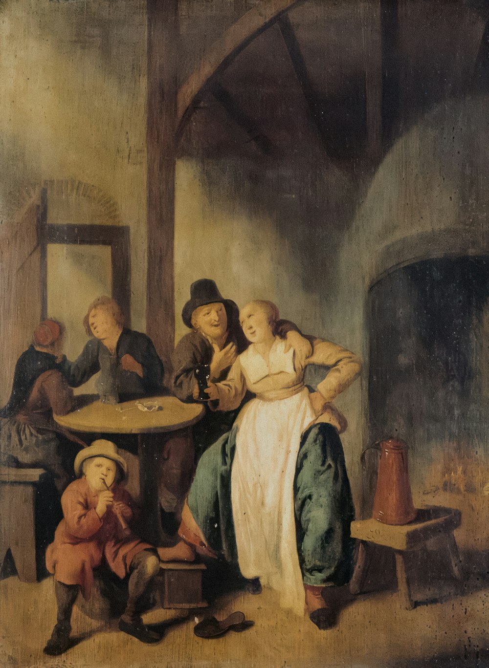 uma pintura de uma família em uma taverna