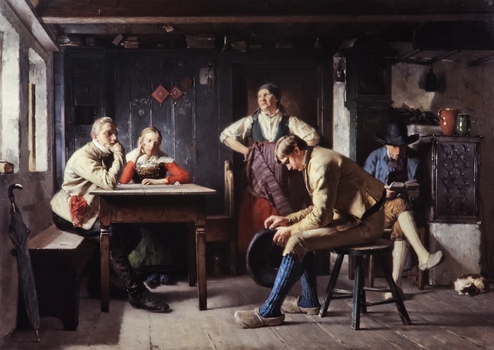 une peinture d’un groupe de personnes assises autour d’une table