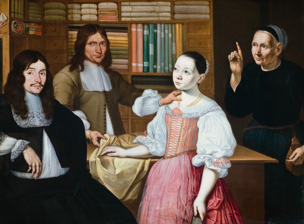 uma pintura de um grupo de pessoas em uma biblioteca