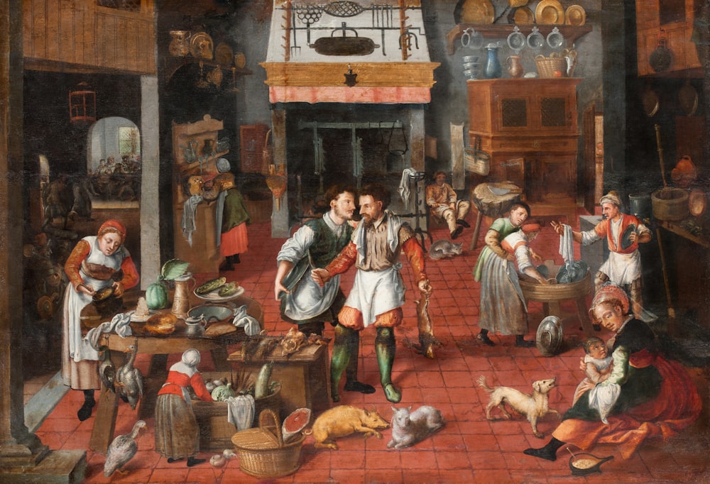 a painting of a family gathering in a kitchen