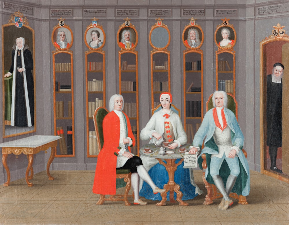 a painting of a group of people sitting around a table