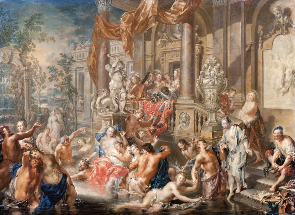 uma pintura de um grupo de pessoas em um palácio