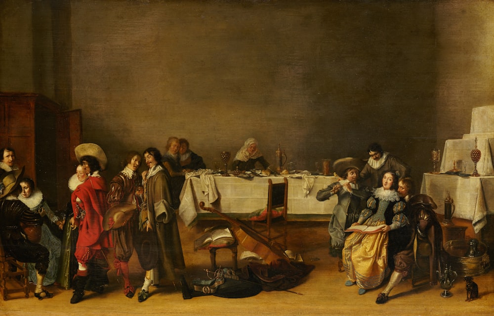 uma pintura de um grupo de pessoas em torno de uma mesa