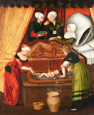 a painting of a group of people preparing food