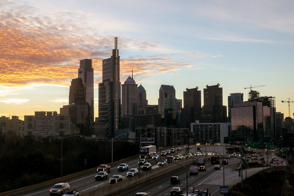 a city skyline with a lot of traffic