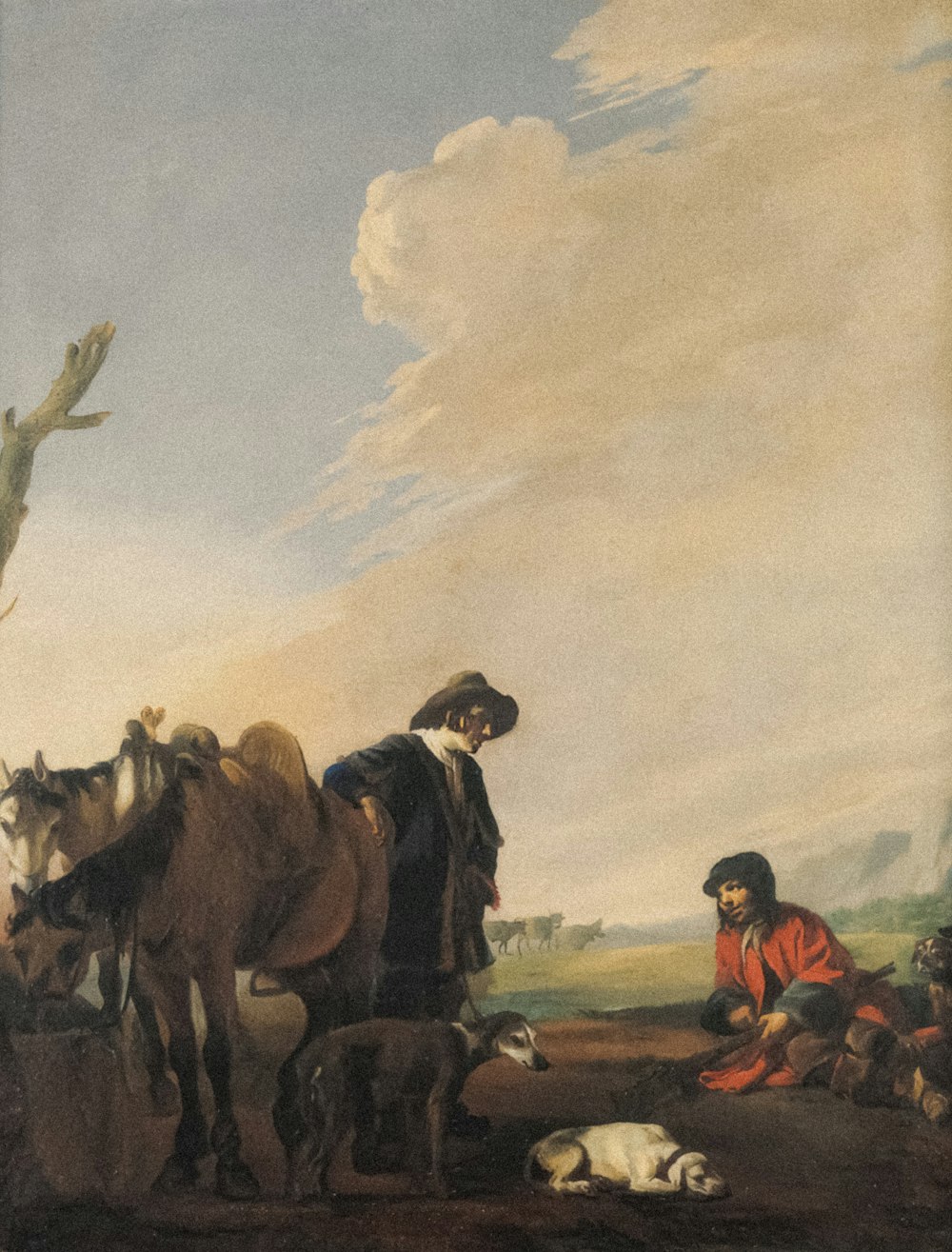 a painting of a man sitting on a horse next to a dog