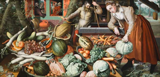 a painting of a man and a woman looking at a table full of vegetables