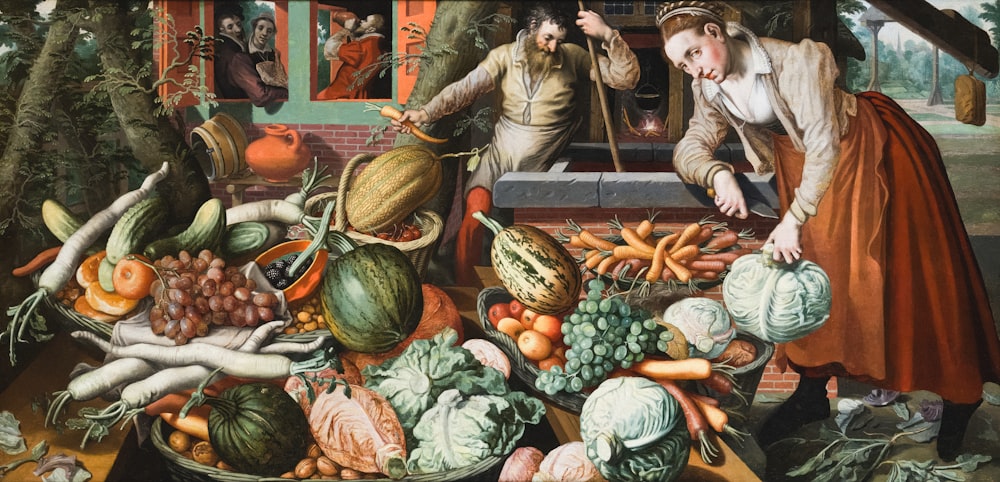 a painting of a man and a woman looking at a table full of vegetables