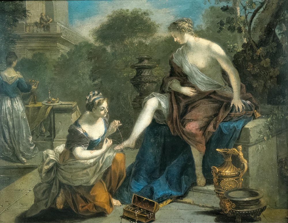 a painting of a woman handing something to another woman