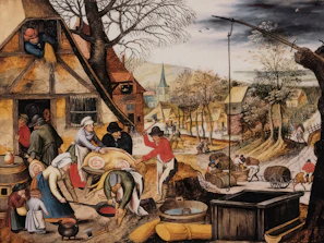 A serene village scene showing the traditional processing of brown sugar outdoors.