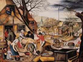 A bustling village scene featuring people engaged in various activities such as preparing food, carrying barrels, and working outside their homes. The village has rustic houses with thatched roofs, and vibrant trees line the path running through the settlement. In the foreground, several figures are preparing a large pig for cooking, while children and other adults observe and assist.