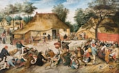 A lively village scene depicts a gathering of people engaging in various activities around a thatched-roof house. The atmosphere is festive, with groups of individuals eating, drinking, and socializing. Children and dogs are scattered throughout the scene, adding to the dynamic environment. Trees and additional cottages are visible in the background, suggesting a rural setting.