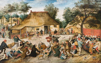 A warm, sunlit village hall surrounded by green countryside with families and friends enjoying a lively community event outdoors.