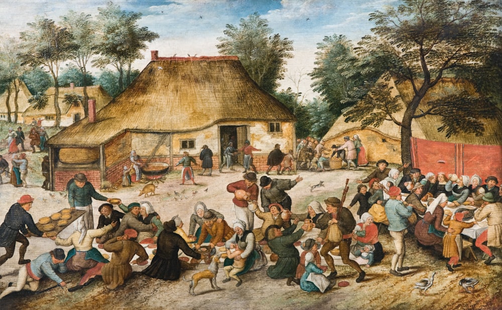 a painting of a village scene with a crowd of people