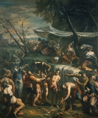 Kids painting bright scenes from the story of David and Goliath on large canvases.