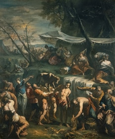 Children gathered around a colorful illustration of a biblical parable.