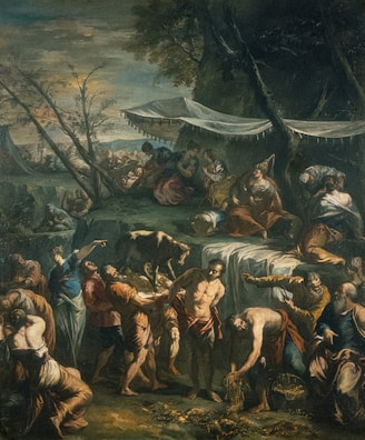 An artistic depiction of a well-known biblical scene with a modern, satirical twist.