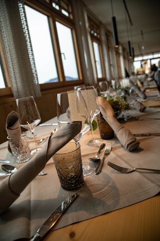 A beautifully set dining table in the room.