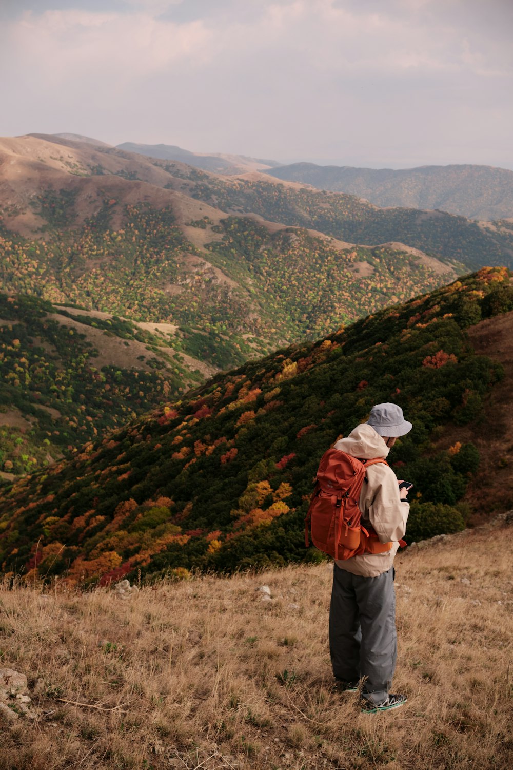 a man standing on top of a grass covered hillside