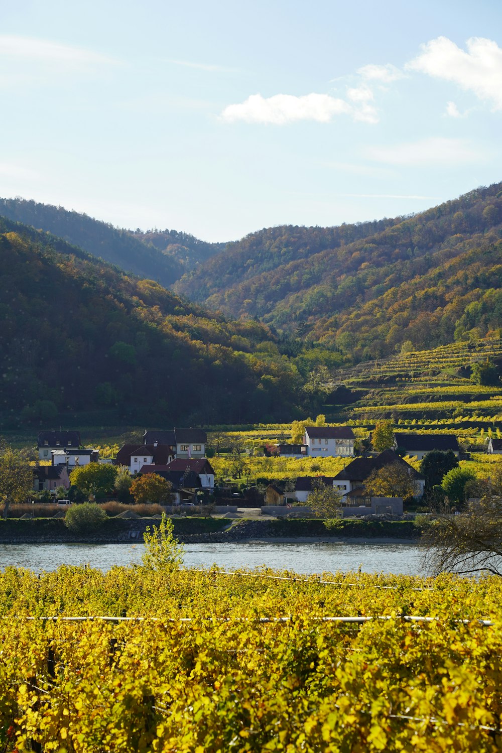 Ein malerischer Blick auf ein kleines Dorf in den Bergen