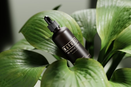 a close up of a green plant with a black bottle