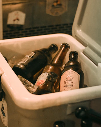 Bottles of craft beer and refreshing drinks chilled with ice, ready for a barbecue.