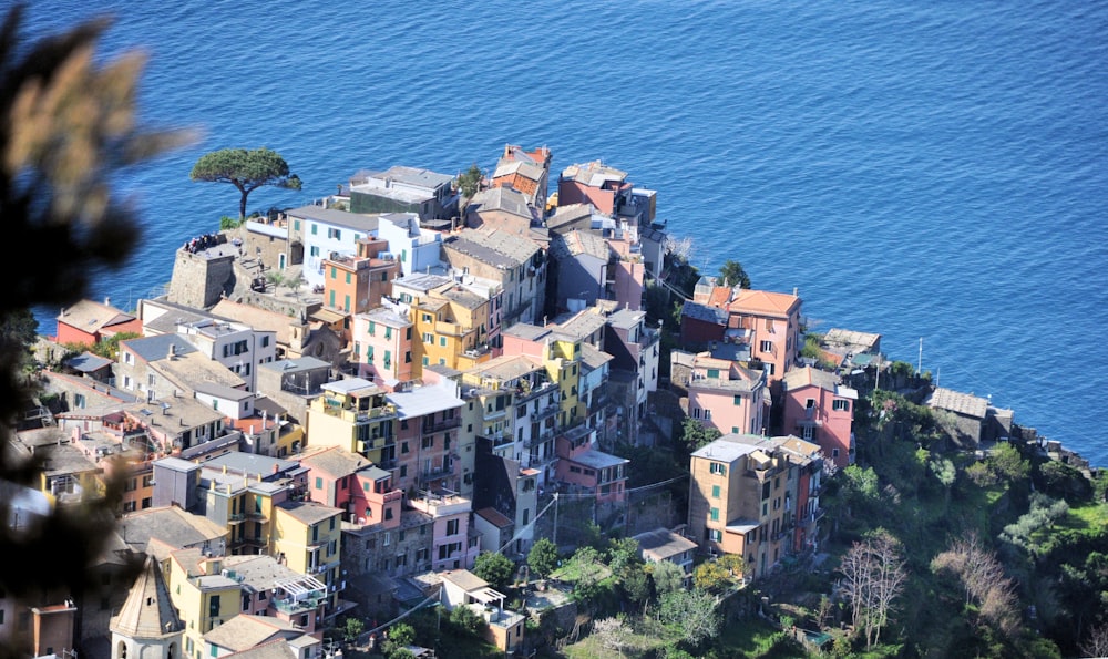 an aerial view of a small village by the ocean