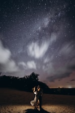 A couple holding hands under a starry night sky with zodiac constellations above.