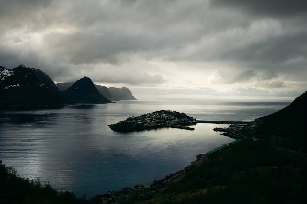 a large body of water surrounded by mountains