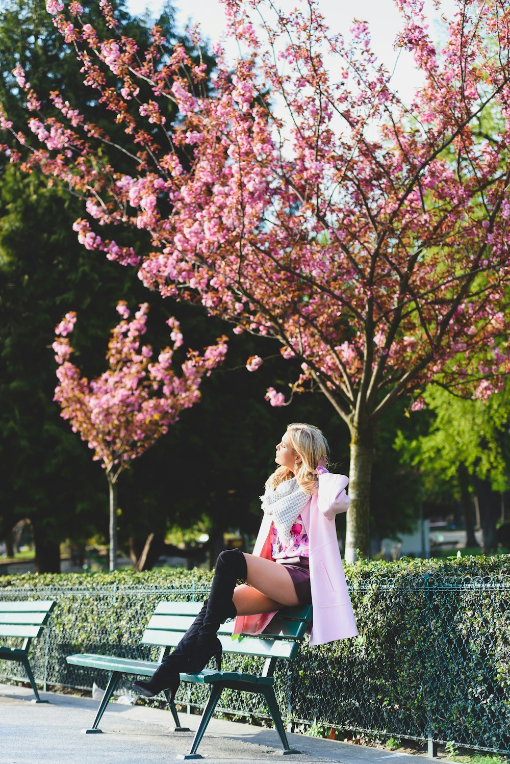 a woman sitting on a bench in front of a tree