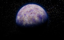 A planet with a textured surface covered in shades of blue and beige, set against a backdrop of a dark starry sky. The planet appears to be partially illuminated, with light creating a distinct glow around its edges.
