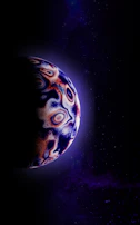 A celestial body with swirling, abstract patterns of vivid colors is partially illuminated against a deep space backdrop filled with faint stars and cosmic dust. The planet's surface features swirling patterns in shades of blue, red, and white, suggesting a gaseous or icy exterior.