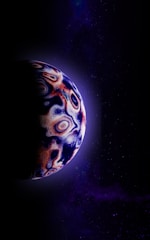 A celestial body with swirling, abstract patterns of vivid colors is partially illuminated against a deep space backdrop filled with faint stars and cosmic dust. The planet's surface features swirling patterns in shades of blue, red, and white, suggesting a gaseous or icy exterior.