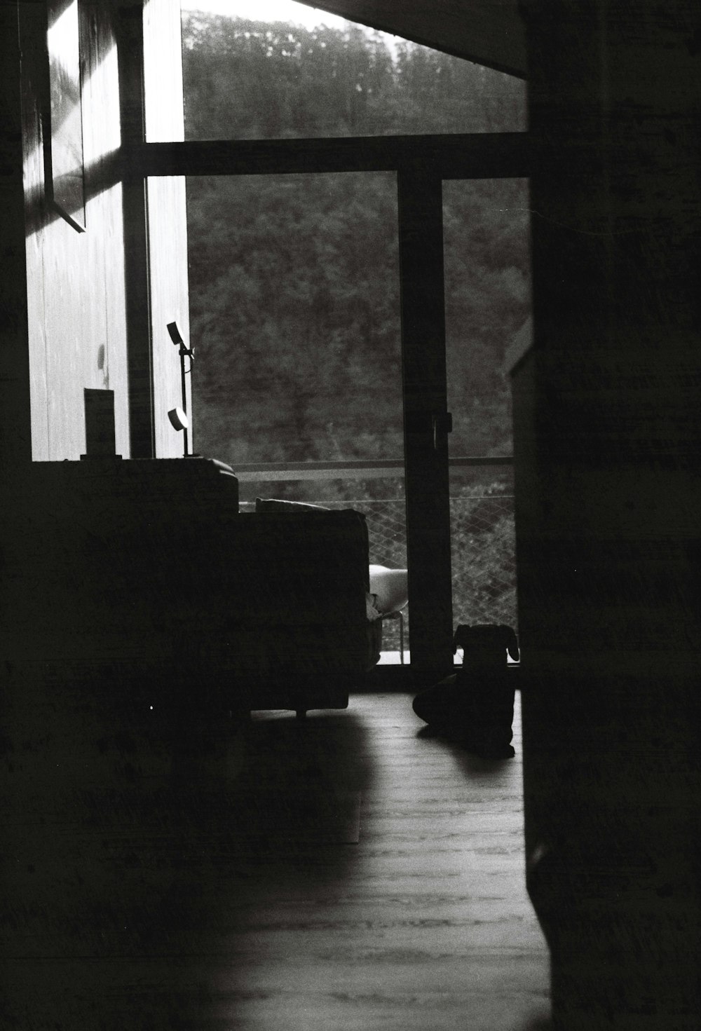 a black and white photo of a living room