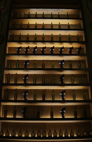 Shelves stocked with colorful potion bottles glowing under soft lighting.