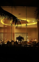 A dimly lit room viewed through a glass window, with a pianist playing a grand piano in the center. Several people are seated around the pianist on comfortable chairs, engaged in conversation. Large palm leaves can be seen framing the scene from above, hinting at an outdoor atmosphere.