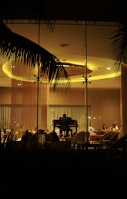 A dimly lit room viewed through a glass window, with a pianist playing a grand piano in the center. Several people are seated around the pianist on comfortable chairs, engaged in conversation. Large palm leaves can be seen framing the scene from above, hinting at an outdoor atmosphere.